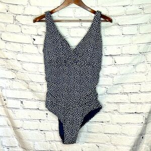 Boden Blue & White Polka Dot One-Piece Ruching Style Swimsuit Size 14